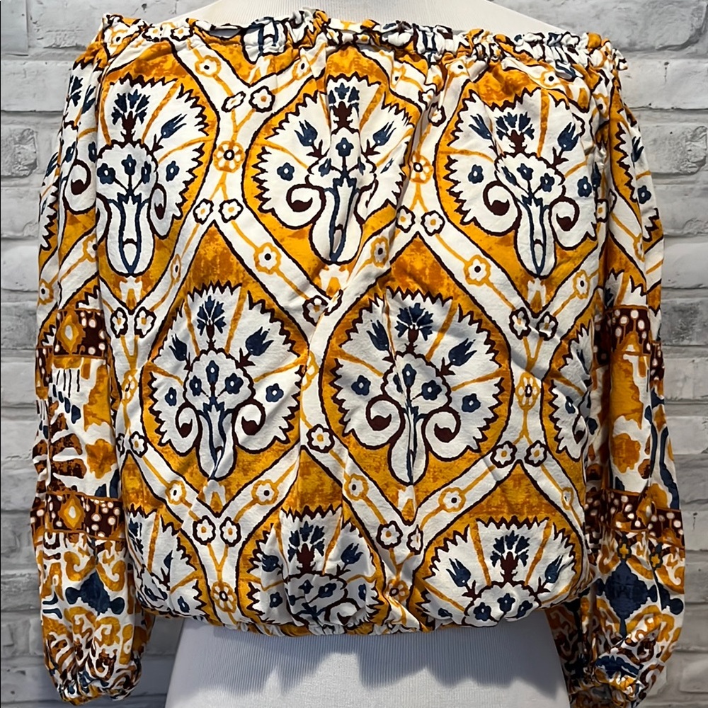 Christian Siriano Bohemian Off-Shoulder Top in Yellow and White rayon bold shirt